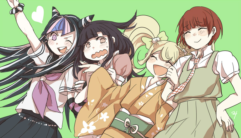 4girls, ^_^, black_hair, blonde_hair, bow, brown_eyes, closed_eyes, dangan_ronpa