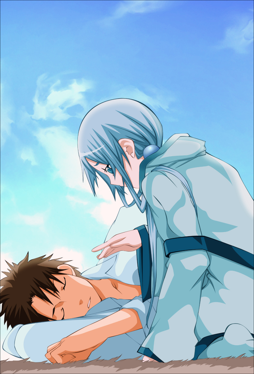 1boy, 1girl, bara_no_maria, blue_eyes, blue_hair, brown_hair, closed_eyes, highres