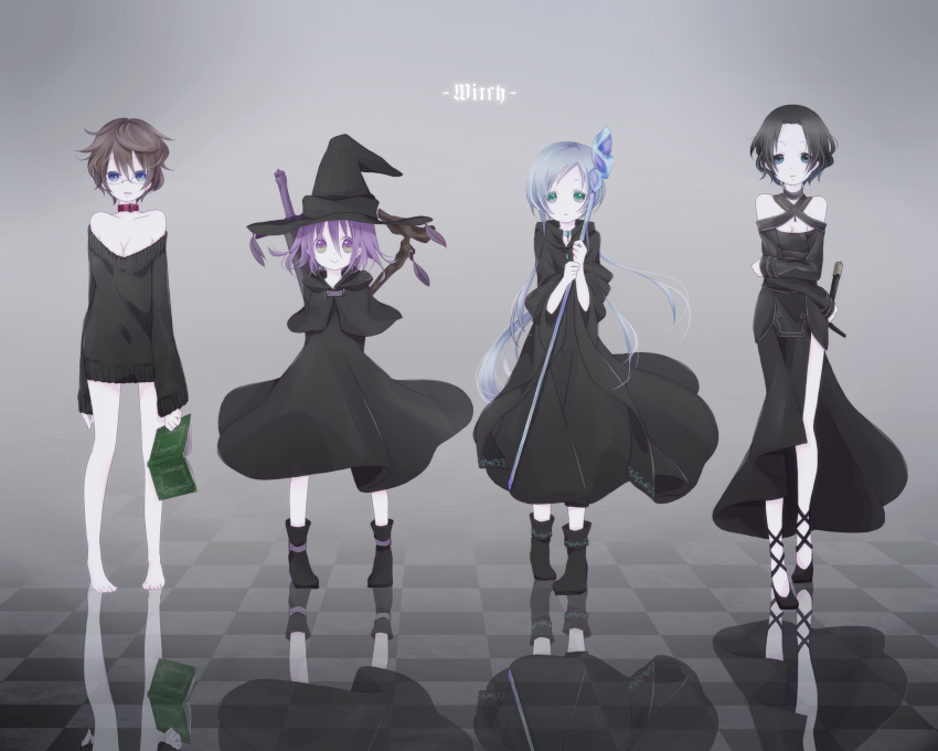 4girls, bara_no_maria, betty_(bara_no_maria), black_dress, black_hair, blue_hair, dress, glasses