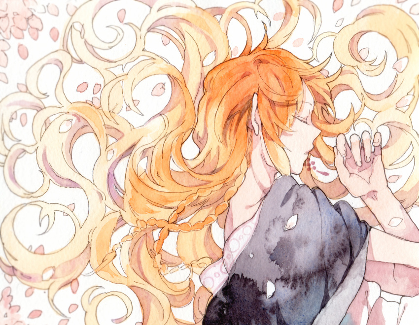 1boy, blonde_hair, braid, closed_eyes, long_hair, magi_the_labyrinth_of_magic, petals, solo