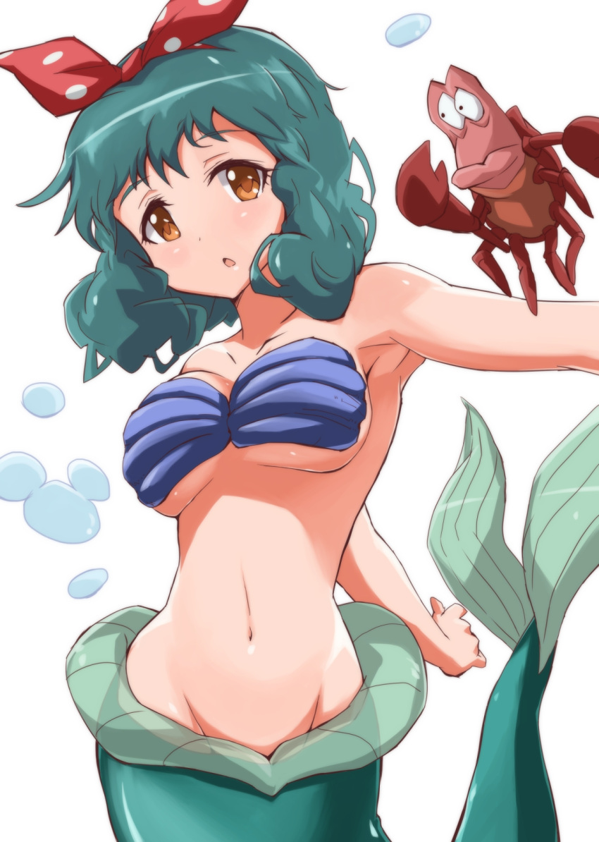 1girl, :o, ariel_(disney), ariel_(disney)_(cosplay), blush, breasts, brown_eyes, bubble, cosplay, crab, crossover, disney, green_hair, hair_ribbon, hairband, highres, idolmaster, idolmaster_million_live!, mermaid, monster_girl, navel, ribbon, sebastian_(disney), shell, shell_bikini, short_hair, simple_background, the_little_mermaid, tokugawa_matsuri, twilight_limits, white_background