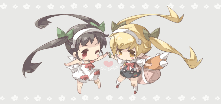 2girls, backpack, bag, bandaid, barefoot, black_hair, blonde_hair, chibi, cosplay, costume_switch, dress, hachikuji_mayoi, highres, kotamaru_(pajama_soft), long_hair, monogatari_(series), multiple_girls, one_eye_closed, oshino_shinobu, red_eyes, twintails, wink, yellow_eyes