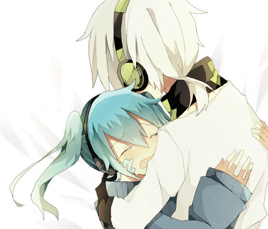 1boy, 1girl, aqua_hair, chiaki_(chika-0803), closed_eyes, ene_(kagerou_project), headphones, hug