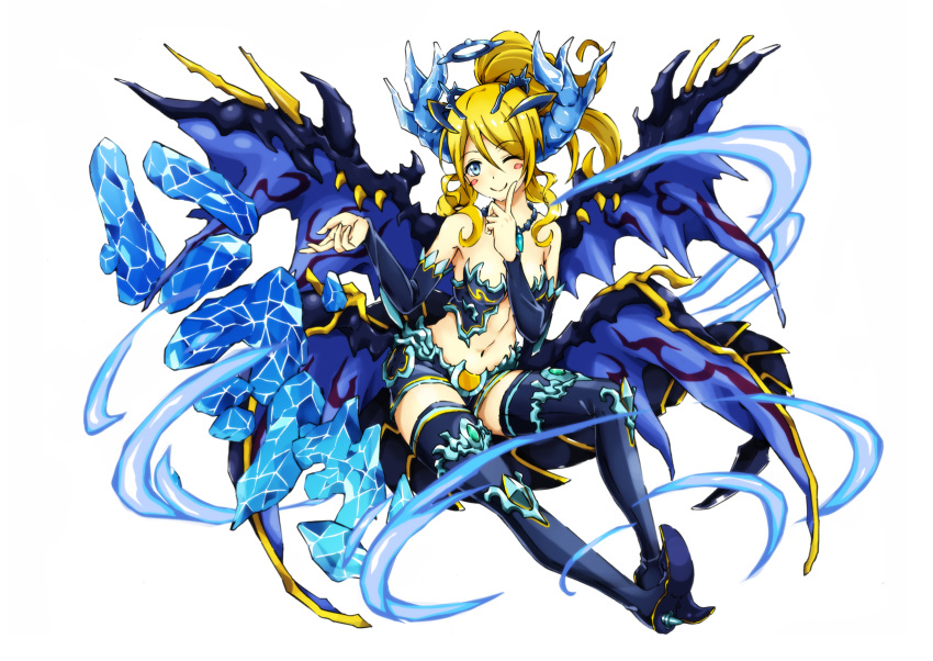 1girl, ayase_eli, blonde_hair, blue_eyes, cosplay, demon_wings, elbow_gloves, gloves