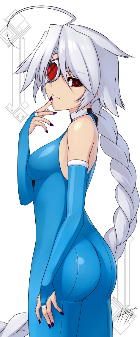1girl, ahoge, ass, blazblue, bodysuit, eyepatch, hell_machina_(1009056), nu-13