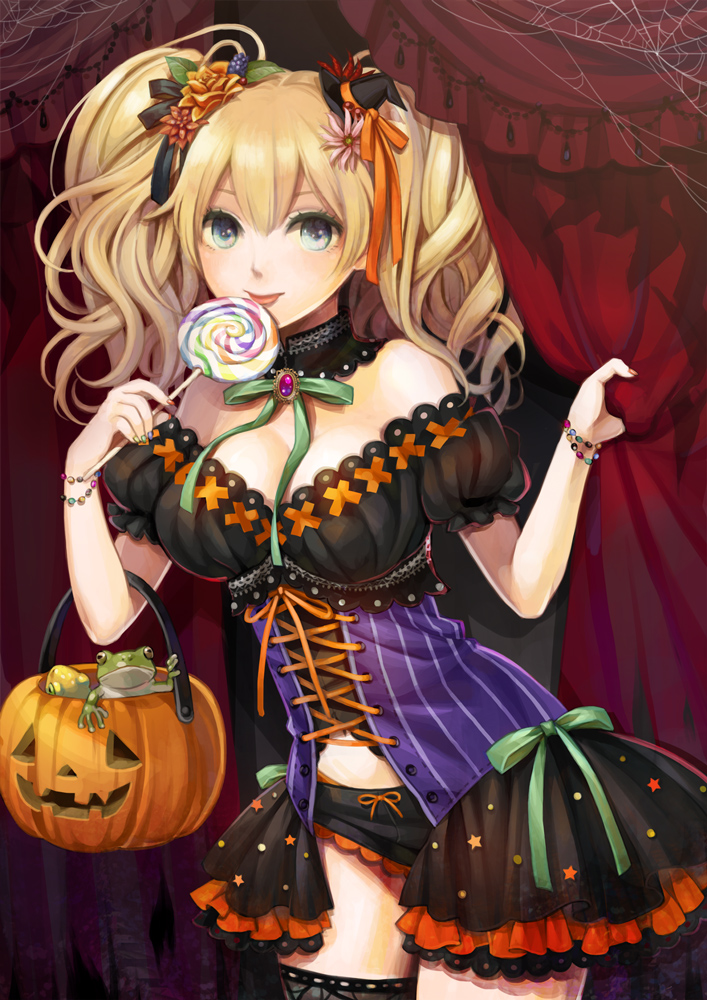 1girl, bare_shoulders, blonde_hair, candy, choker, corset, frog, hair_ornament, halloween, hat, jack-o'-lantern, kiiroink, lollipop, mini_hat, original, solo, witch_hat
