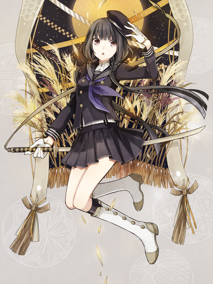 black_hair, boots, buzz, gloves, katana, original, removing_hat, skirt