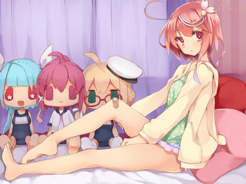 1girl, bandaid, barefoot, character_doll, glasses, green_eyes, hat, hoodie