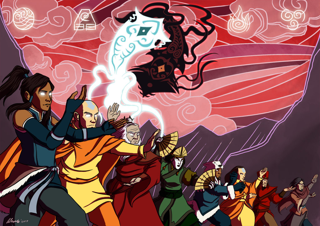 aang, avatar:_the_last_airbender, avatar_legends, avatar_state, beard, facial_hair, fan, glowing, glowing_eyes, goatee, korra, kuruk, kyoshi_(avatar), ponytail, raava, robe, roku_(avatar), ryuuza-art, spirit, tattoo, the_legend_of_korra, vaatu, wan, yangchen, yin_yang