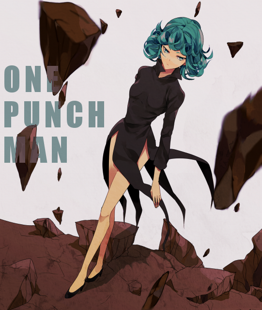 1girl, black_dress, crossed_legs, dress, floating_rocks, green_eyes, green_hair, ground_shatter
