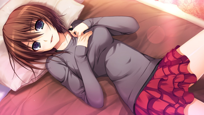 1girl, bed, blue_eyes, blush, breasts, brown_hair, game_cg, koi_de_wa_naku