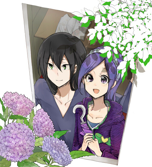 1boy, 1girl, aono_miki, black_hair, character_request, couple, eyelashes, flower