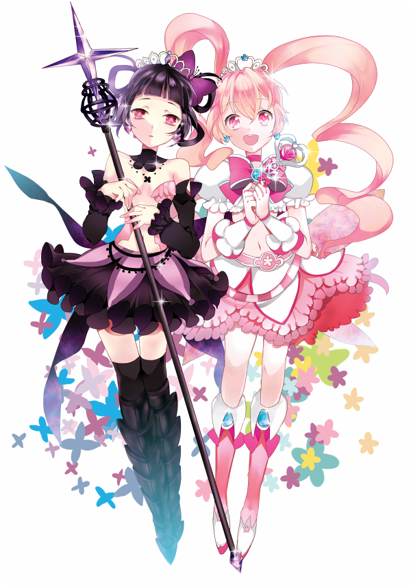 2girls, black_hair, black_legwear, black_princess, black_skirt, boots, detached_sleeves, earrings
