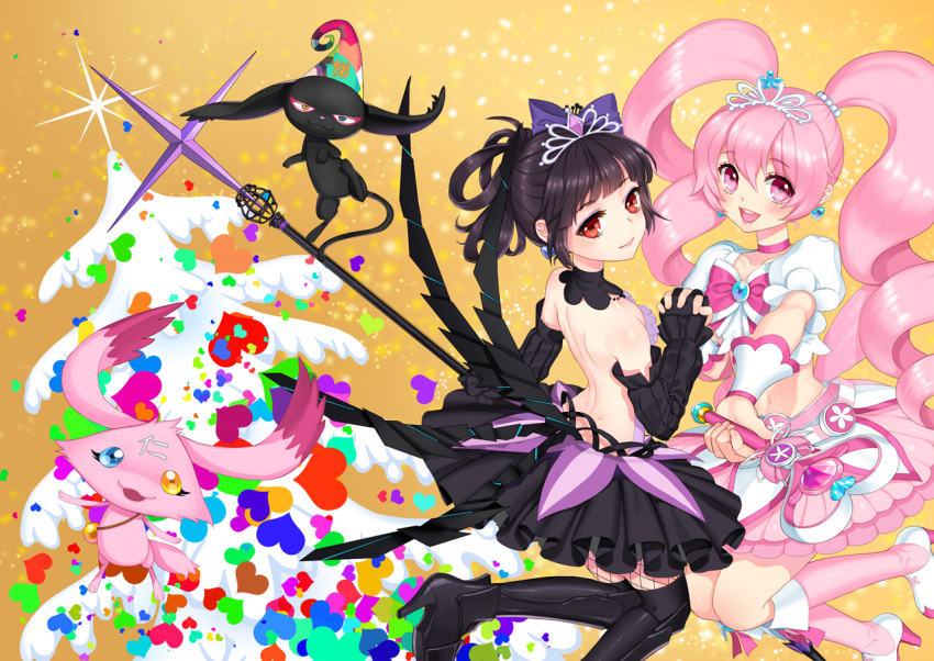 2girls, animal, back, black_gloves, black_hair, black_legwear, black_princess, black_skirt