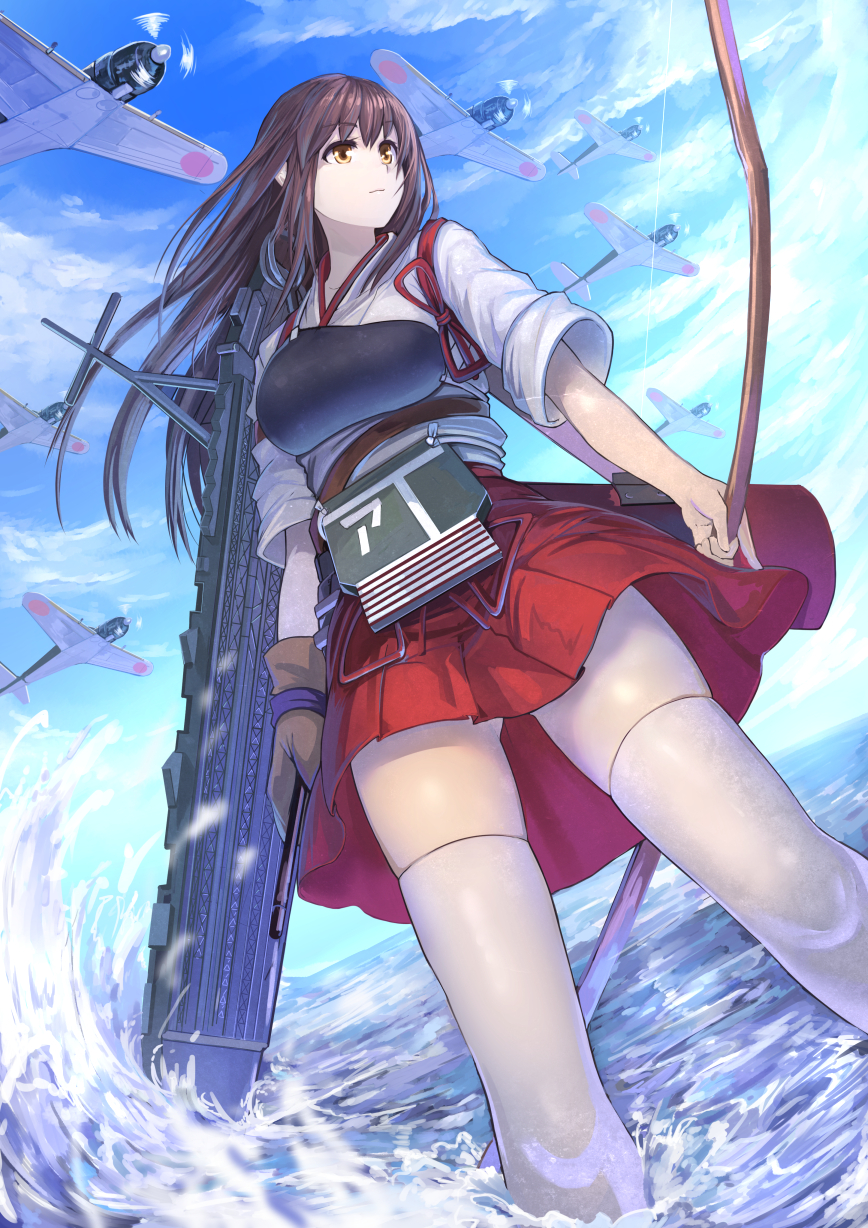 1girl, a6m_zero, akagi_(kantai_collection), archery, arrow, bow_(weapon), brown_eyes, brown_hair