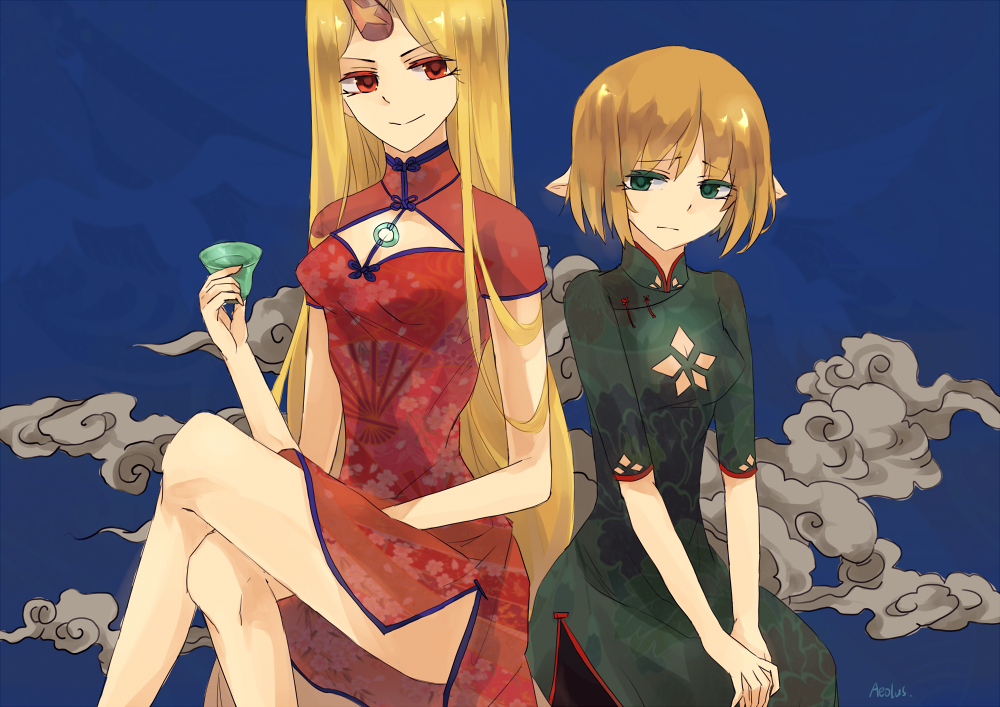 2girls, aeolus, alternate_costume, bare_legs, blonde_hair, china_dress, chinese_clothes, cleavage_cutout