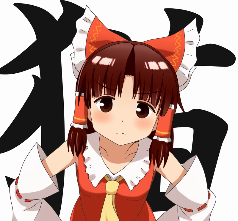 1girl, ascot, bare_shoulders, blush, bow, brown_eyes, brown_hair, detached_sleeves