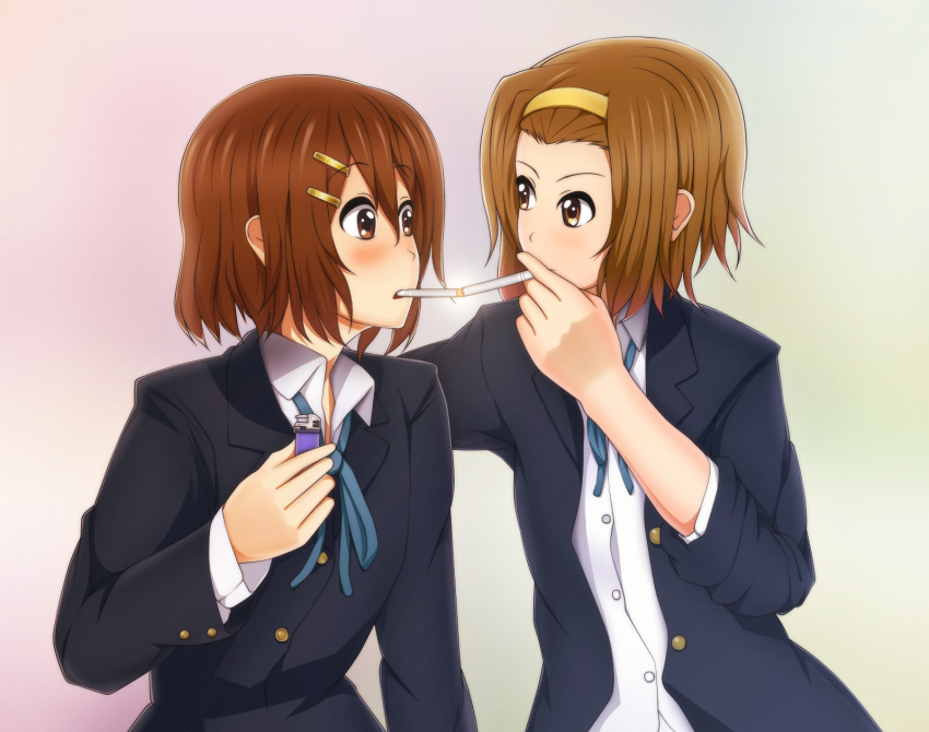 2girls, brown_eyes, brown_hair, cigarette, highres, hirasawa_yui, k-on!, multiple_girls
