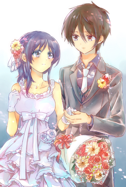 1boy, 1girl, black_hair, blue_eyes, blue_hair, bouquet, brown_eyes, dress