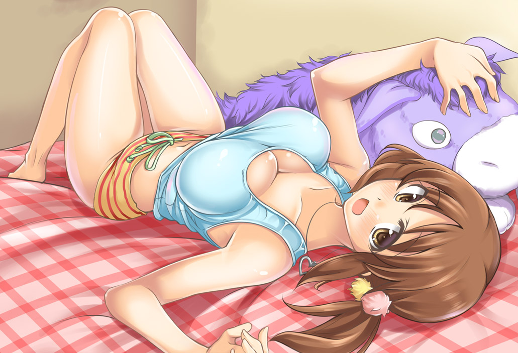 1girl, bed, brown_eyes, brown_hair, casual, donkey, gokubuto_mayuge, idolmaster