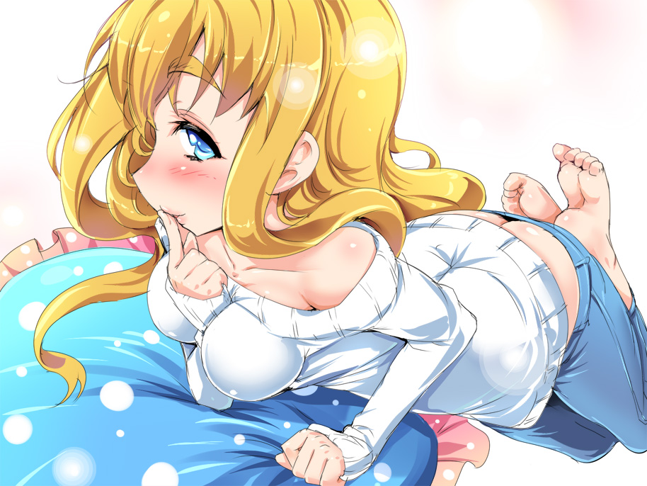 1girl, barefoot, blonde_hair, blue_eyes, blush, butt_crack, denim, finger_to_mouth, jeans, k-on!, kotobuki_tsumugi, lips, long_hair, looking_at_viewer, pillow, shiranagi, solo, sweater