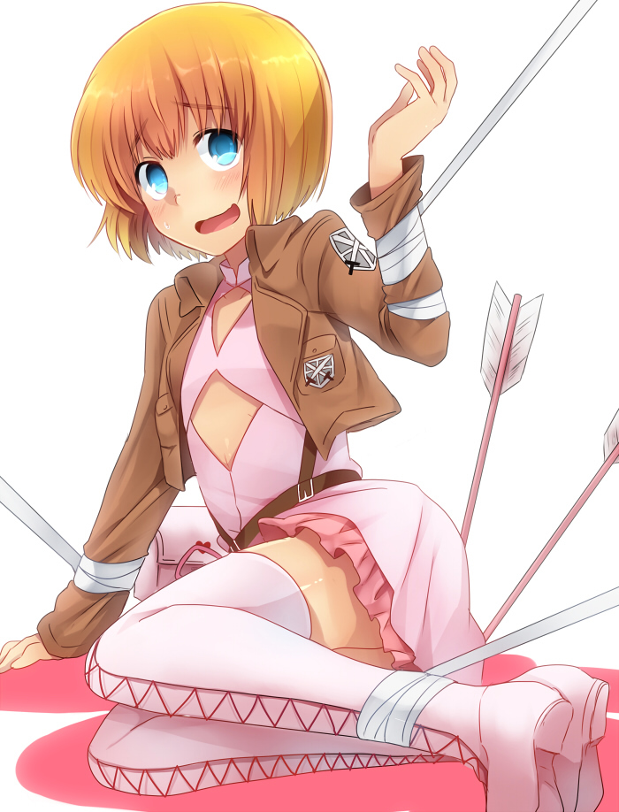 1boy, armin_arlert, arrow, blonde_hair, blue_eyes, blush, boots, crossdressinging