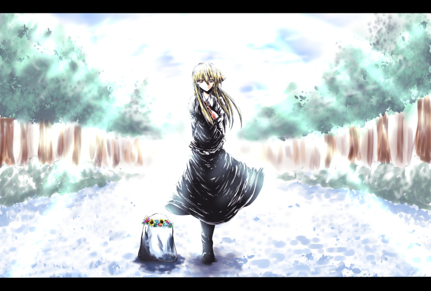 1girl, arms_behind_back, ascot, backlighting, bag, blonde_hair, boots, clouds, cloudy_sky, flower, haiki_(hakkyoii06), hair_ribbon, highres, letterboxed, long_hair, looking_at_viewer, older, outdoors, pantyhose, path, payot, red_eyes, ribbon, road, rumia, skirt, skirt_set, sky, smile, solo, sunbeam, sunlight, touhou, tree, wind
