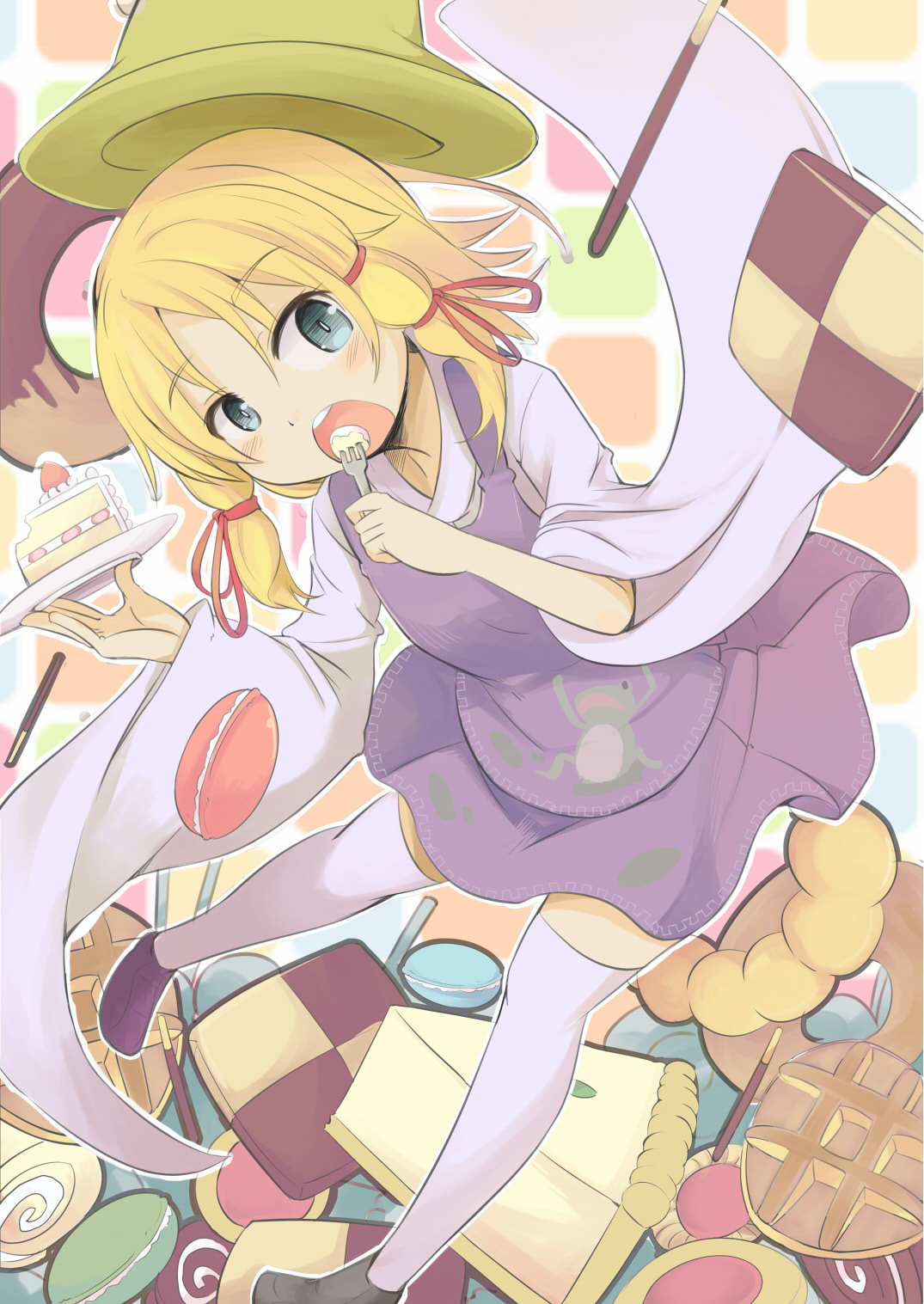 1girl, bending_forward, blonde_hair, blue_eyes, blush_stickers, checkered, checkered_background, cheesecake