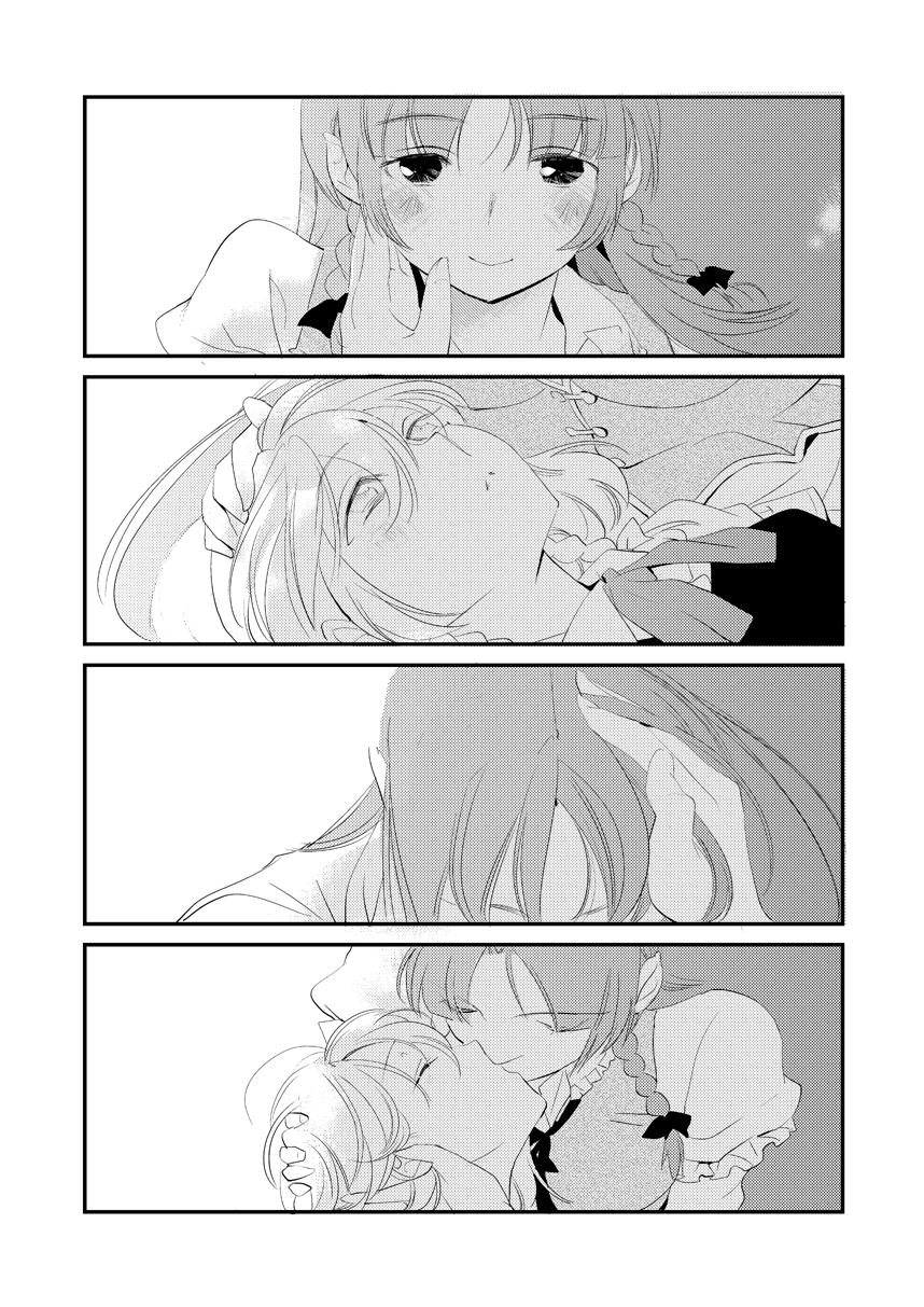 2girls, blush_stickers, braid, greyscale, hand_on_another's_head, highres, hong_meiling, izayoi_sakuya