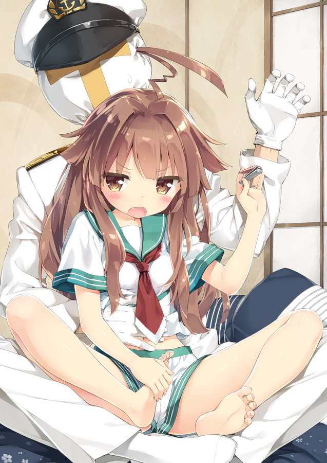 1boy, 1girl, admiral_(kantai_collection), ahoge, barefoot, blush, brown_eyes, brown_hair