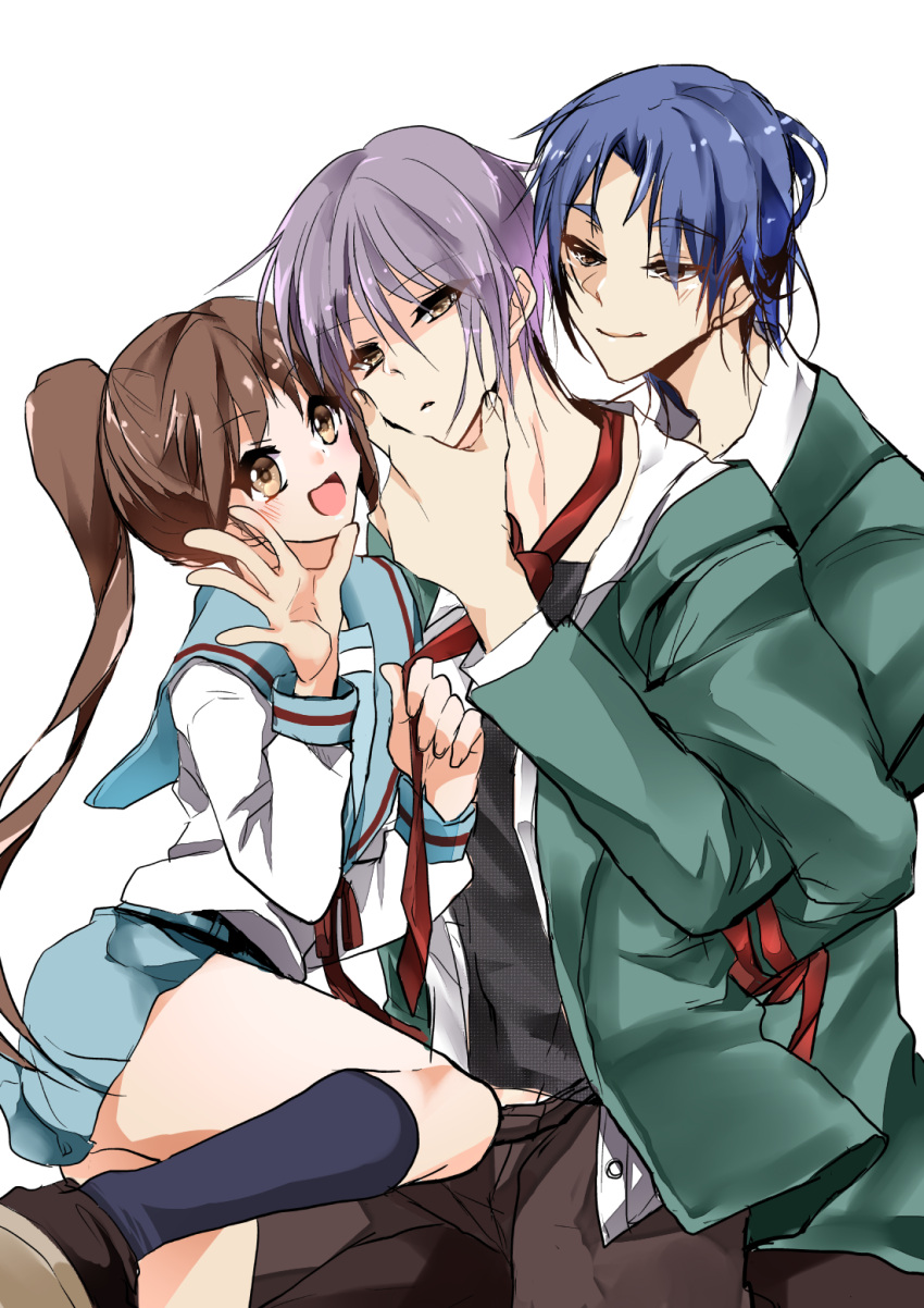 1girl, 2boys, asakura_ryou, blue_hair, brown_eyes, brown_hair, cardigan, genderswap