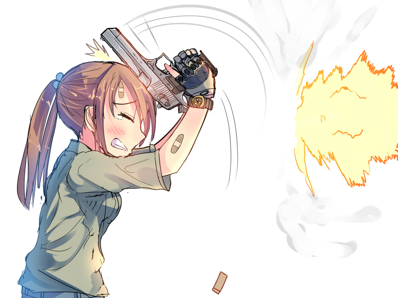 1girl, bandage_over_one_eye, bandages, brown_hair, closed_eyes, daito, fingerless_gloves, firing