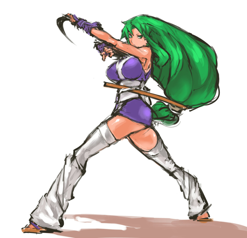 1girl, barefoot, breasts, fingerless_gloves, fishnets, ganbare_goemon, gloves, green_eyes