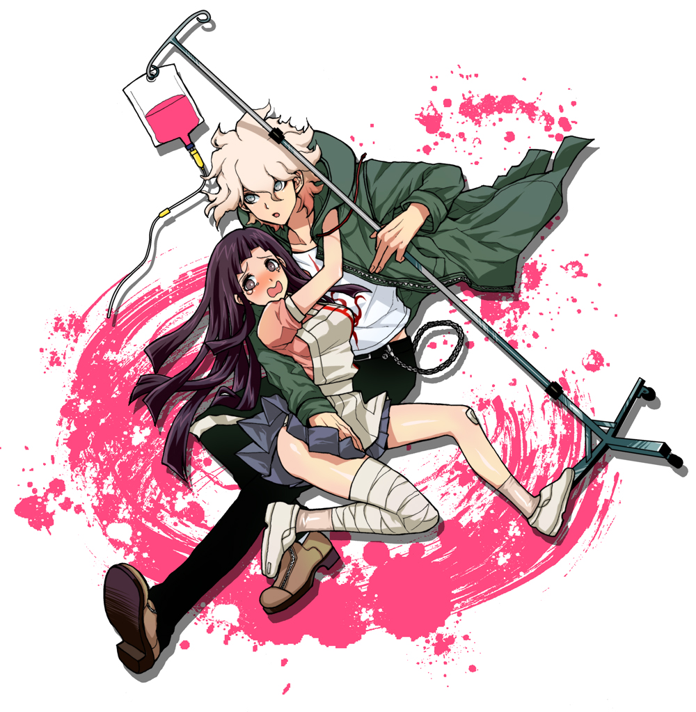 1boy, 1girl, bandages, blush, dangan_ronpa, dosugon, dropper, hooded_jacket, komaeda_nagito, long_hair, super_dangan_ronpa_2, tsumiki_mikan, white_hair