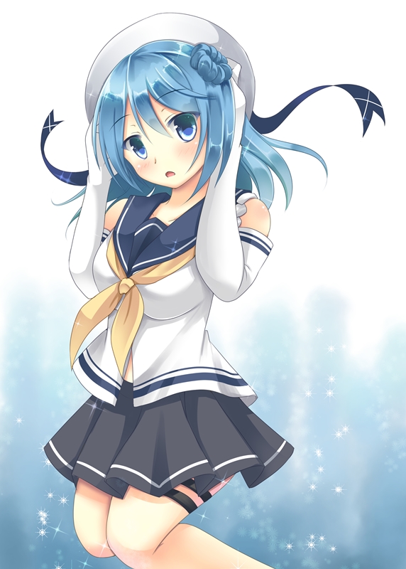 1girl, blue_eyes, blue_hair, elbow_gloves, gloves, hat, iris_yayoi, kantai_collection