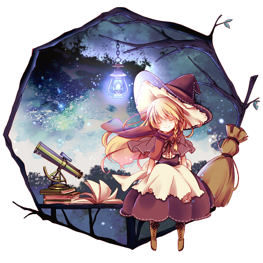 album_cover, apron, black_dress, blonde_hair, book, boots, broom, capelet
