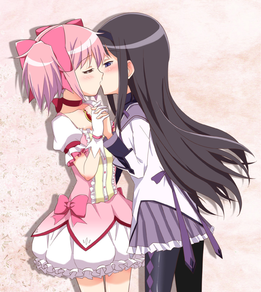 2girls, akemi_homura, black_hair, blush, bow, bubble_skirt, choker, closed_eyes