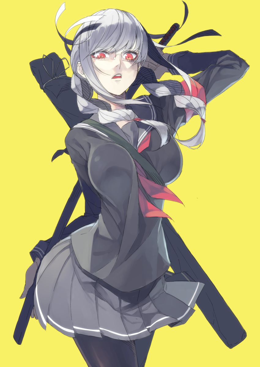 1girl, braid, dangan_ronpa, glasses, grey_hair, highres, katana, long_hair