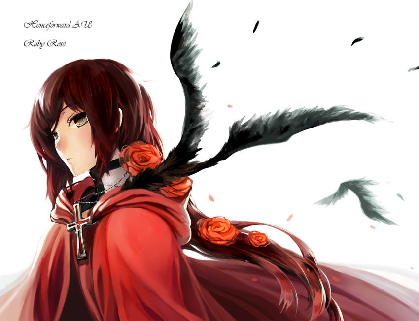 1girl, adapted_costume, alternate_hair_length, alternate_hairstyle, bloodycolor, character_name, cloak, cross
