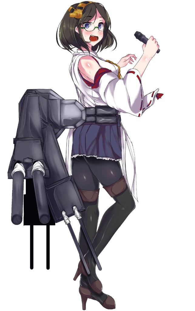 1girl, black_hair, glasses, kantai_collection, kirishima_(kantai_collection), microphone, niwatori_gunsou, nontraditional_miko