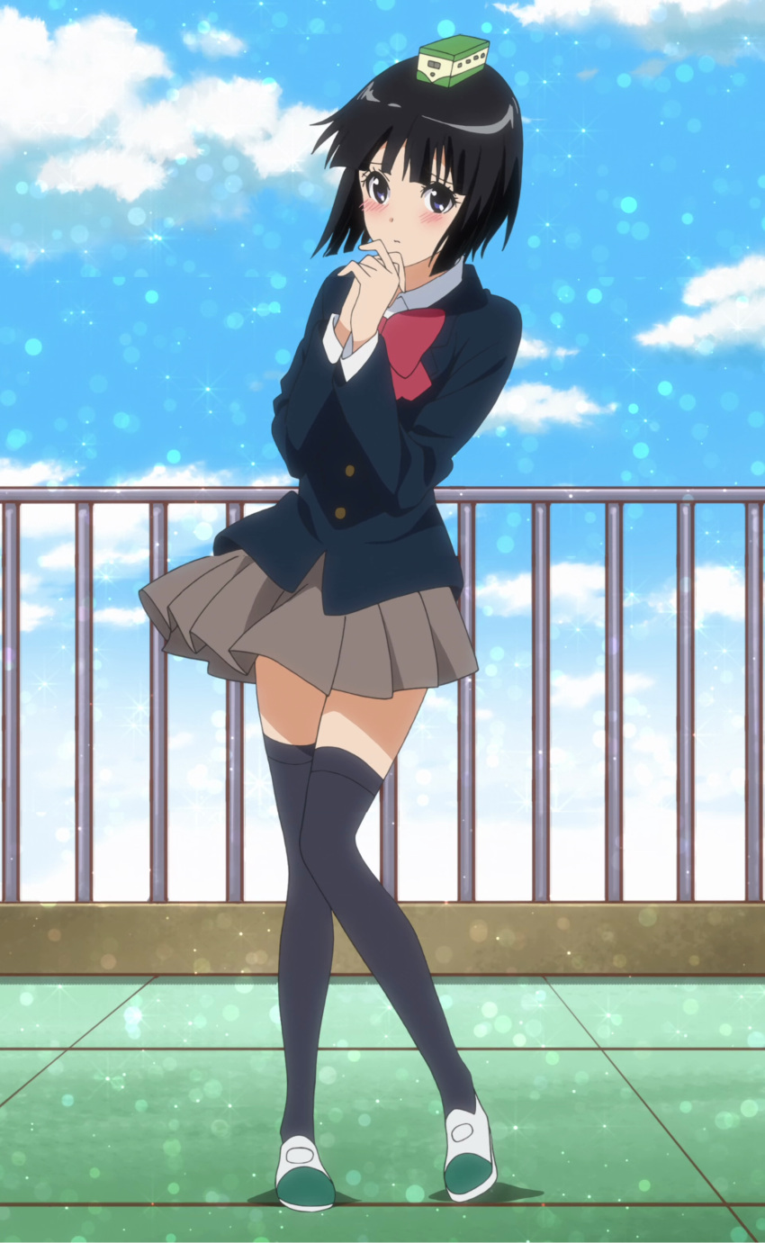 +tic_nee-san, 1girl, absurdres, bars, black_hair, black_legwear, blue_eyes, blush