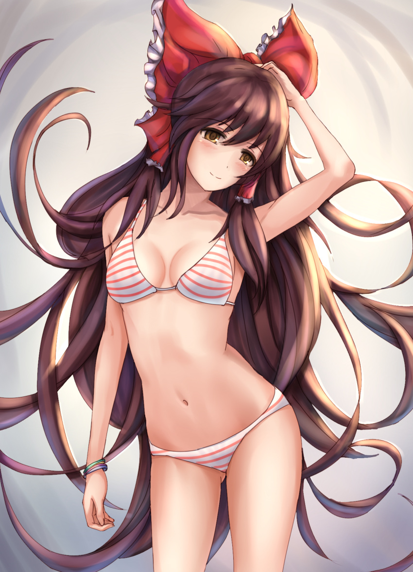 1girl, bikini, blush, bow, bracelet, brown_eyes, brown_hair, collarbone, hair_bow, hair_tubes, hakurei_reimu, hand_on_own_head, highres, jewelry, long_hair, mafuyu_(867208837), navel, side-tie_bikini, simple_background, smile, solo, standing, striped, striped_bikini, striped_swimsuit, swimsuit, touhou, very_long_hair