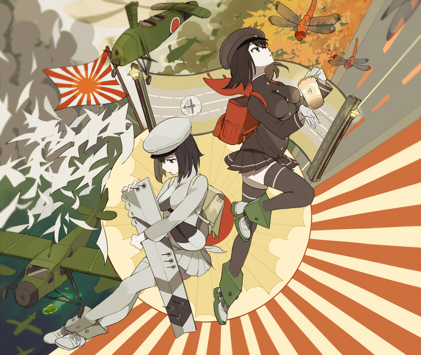 2girls, akitsu_maru_(kantai_collection), backpack, bag, black_hair, black_legwear, dragonfly, dual_persona
