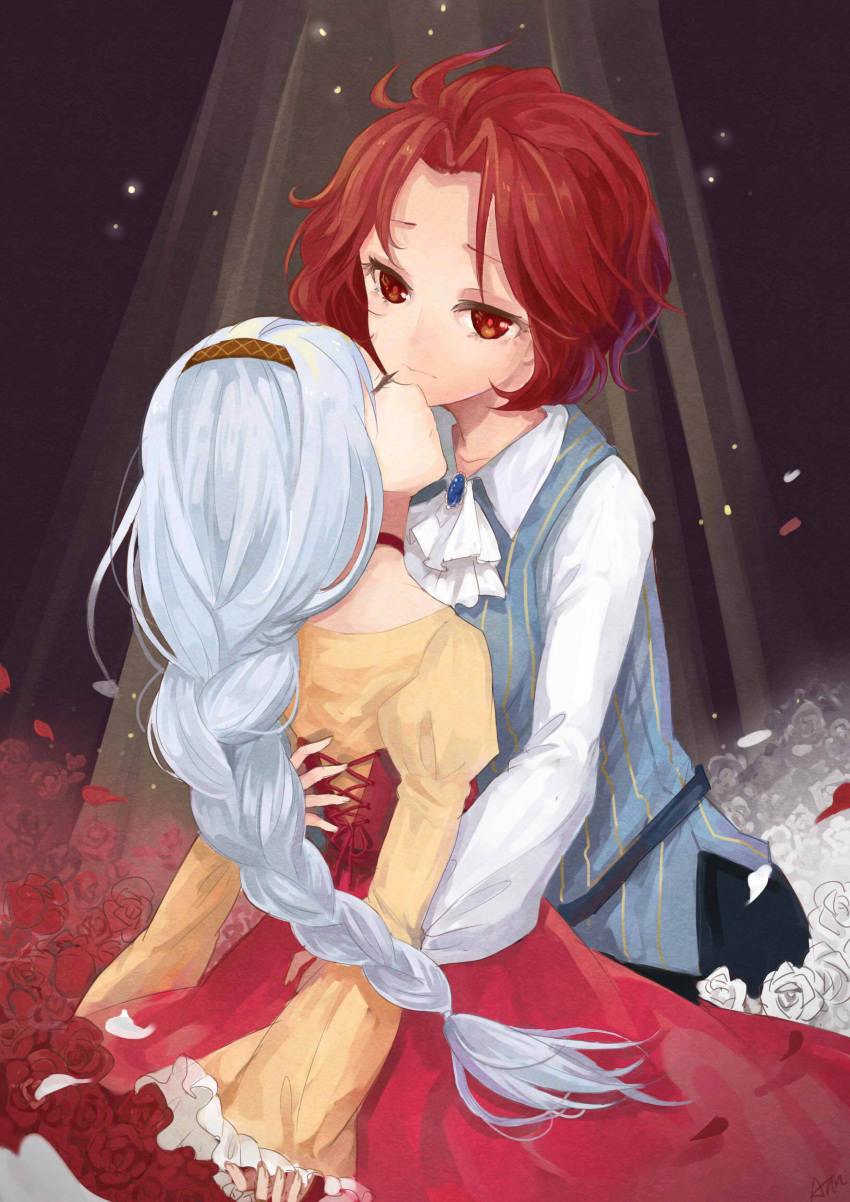 2girls, absurdres, akuma_no_riddle, ann_(pixiv), braid, closed_eyes, costume, dress