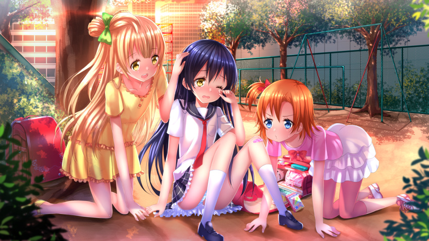 3girls, all_fours, ass, backpack, bag, bandaid, bandaid_on_knee, blonde_hair