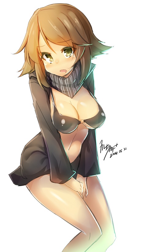 1girl, 2014, azalanz, bikini_top, blush, breasts, brown_hair, cosplay, dated, green_eyes, kantai_collection, looking_at_viewer, mutsu_(kantai_collection), o-ring_top, re-class_battleship, re-class_battleship_(cosplay), scarf, short_hair, simple_background, solo, white_background