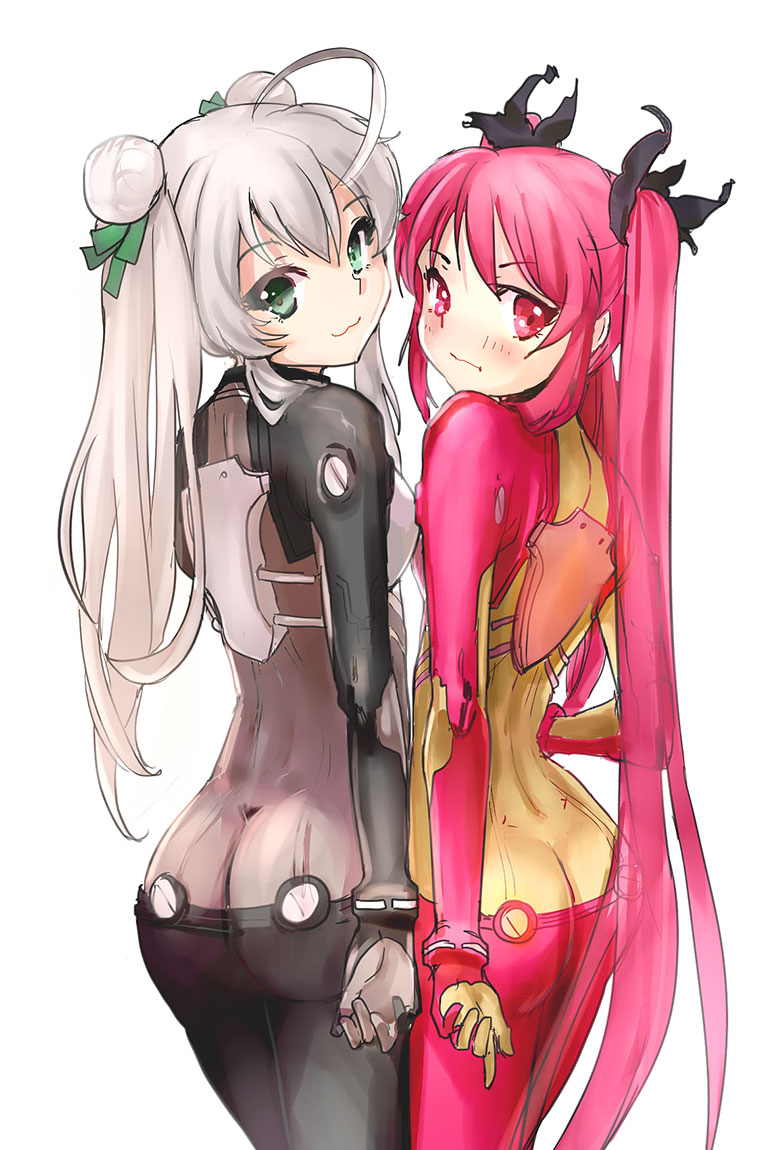 2girls, :3, artist_request, ass, blush, crossover, cthugha_(nyaruko-san), drawfag, embarrassed, eyelashes, green_eyes, grey_hair, hair_ornament, hair_ribbon, haiyore!_nyaruko-san, half_updo, happy, long_hair, looking_at_viewer, multiple_girls, neon_genesis_evangelion, nyarlathotep_(nyaruko-san), plugsuit, red_eyes, redhead, ribbon, simple_background, sketch, smile, tagme, twintails, white_background