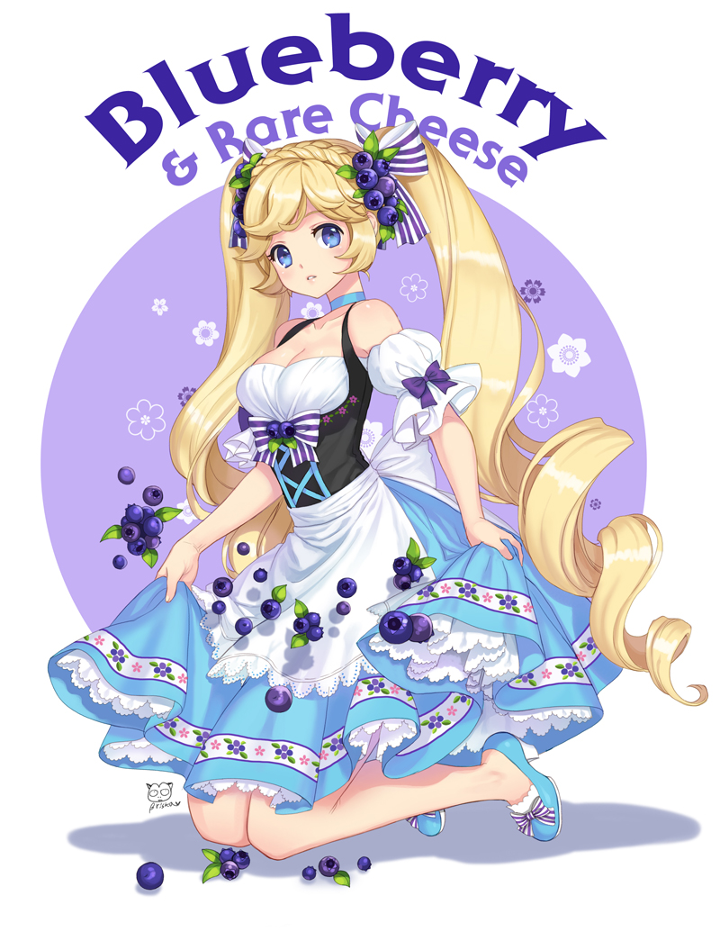 1girl, blonde_hair, blueberry, braid, breasts, briska, cleavage, detached_sleeves