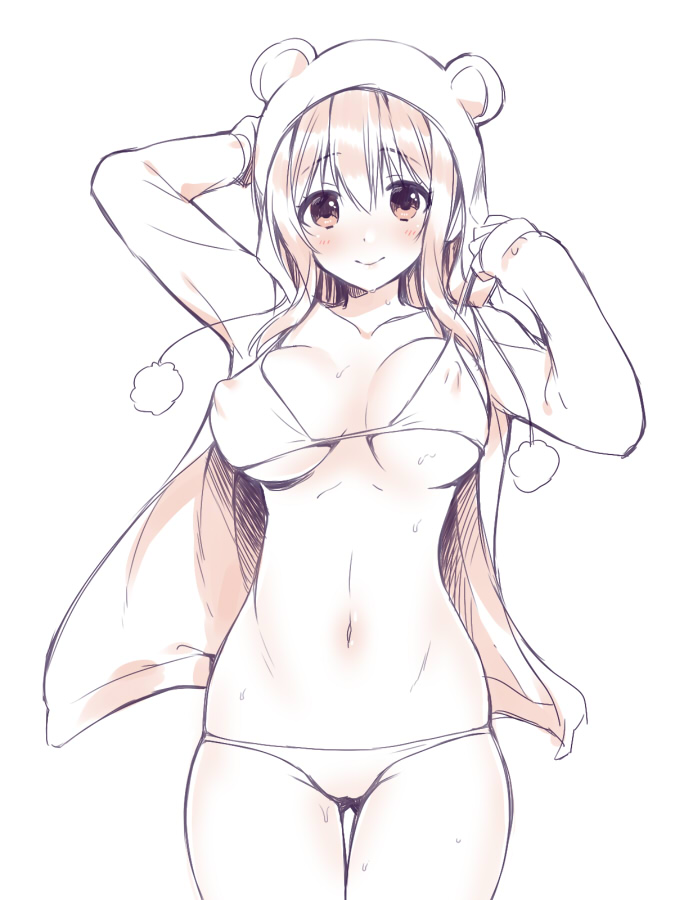 1girl, bikini, breasts, hood, looking_at_viewer, monmesan, monochrome, nitroplus, smile, solo, super_sonico, swimsuit