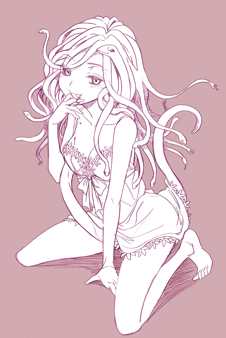 1girl, barefoot, blood, blush, bow, breasts, cleavage, dress